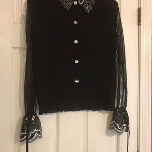 Gorgeous black crepe blouse with sheer sleeves